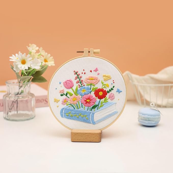 Louise Maelys Floral & Book Embroidery Kit for Beginners DIY Craft Kit | Complete Needlepoint Kit with Embroidery Hoop, Printed Fabric, Color Threads, Needles and Instruction for Easy Hand Stitching