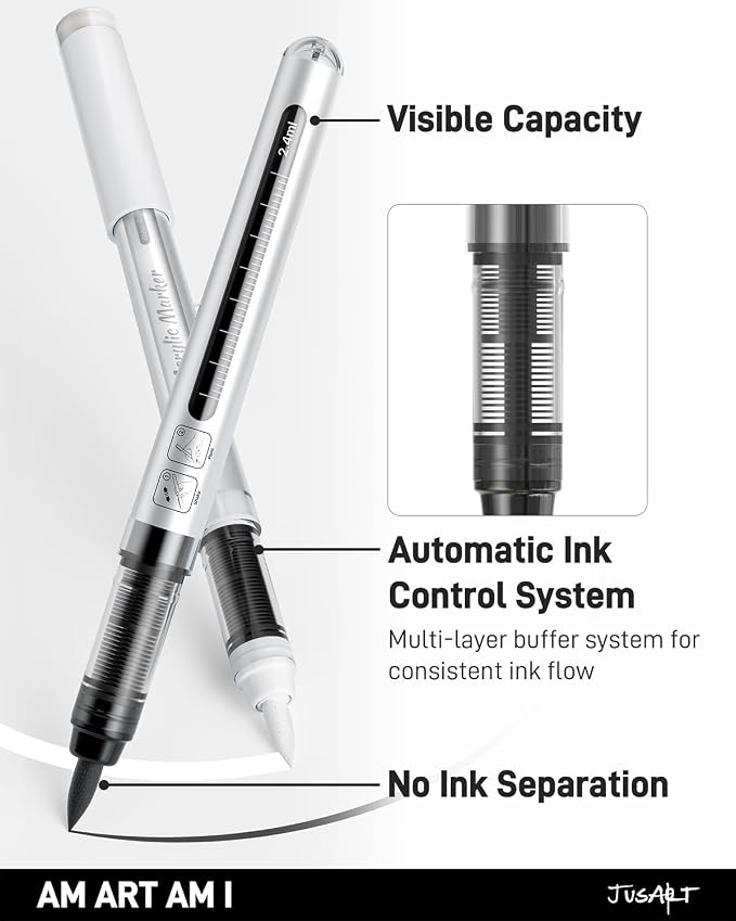 JusArt 3 White Acrylic Paint Markers Brush Tip, Automatic Ink Control