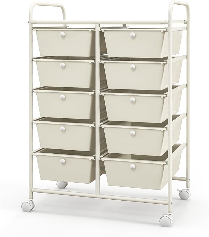 Giantex 10 Drawers Rolling Cart, Classroom Organizers, Storage Cart with Wheels, for Teacher Office Home School Supplies Tool Craft Art Paper, Ivory Color