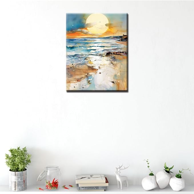 Paint by Number Sunset Beach Sea Landscape Abstract Beach DIY Painting On Canvas with Brushes Acrylic Paints Perfect for Paint by Numbers for Adults and Kids Students Beginner 16x20 Inch（DIY Frame）