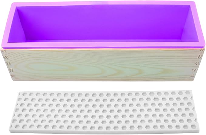 Loaf Soap Making Kit, 44oz Silicone Soap Making Liner Wood Box with Beehive & Hexagon & Rose Mat Creative Honeycomb Mat Mold for DIY Soap Making (Purple & Pink) (Purple Mold-Hexagon)