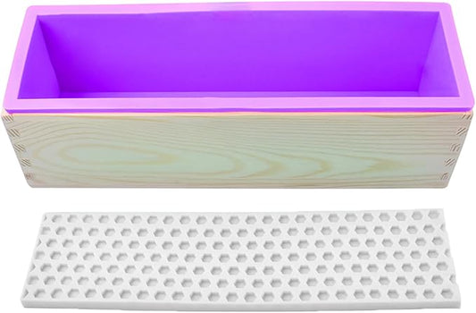 Loaf Soap Making Kit, 44oz Silicone Soap Making Liner Wood Box with Beehive & Hexagon & Rose Mat Creative Honeycomb Mat Mold for DIY Soap Making (Purple & Pink) (Purple Mold-Hexagon)