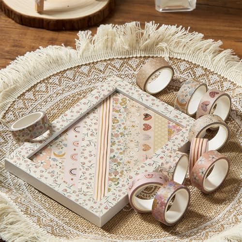 Boho Washi Tape Set 10 Rolls Cute Masking Graphic Floral Pattern Decorative Tapes for Arts, DIY Crafts, Journals, Planners, Scrapbook, Wrapping (Warm)