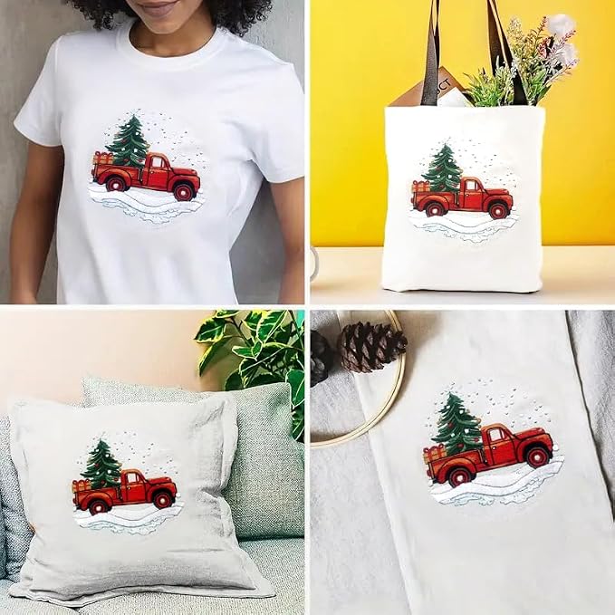 Zhenqing Christmas Red Truck Embroidery Kit for Beginners, Tree and Gifts Needlework Kit with Pre-Printed Fabric, Hoop, Threads & Tools (C0029)