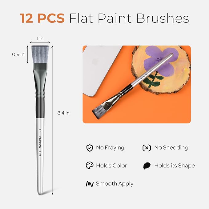 Nicpro 12pcs 1 Inch Flat Paint Brushes for Acrylic Painting, Large Paint Brushes Bulk for Acrylic Watercolor Oil, Artist Paint Brush Set for Canvas Painting, Base Coating, Crafts, Face Body Art Adults