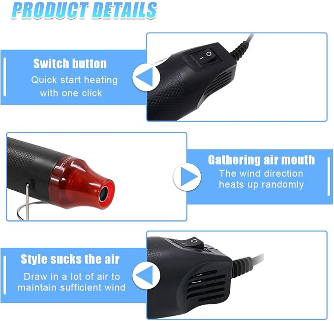 Mini Heat Gun - 220V 300W Portable Handheld Hot Air Gun Tool for DIY Craft Embossing - Electric Heating Tool with Stand & Power Cord for Car Vinyl Wrap/Shrink Wrapping PVC/Drying Paint(Black)
