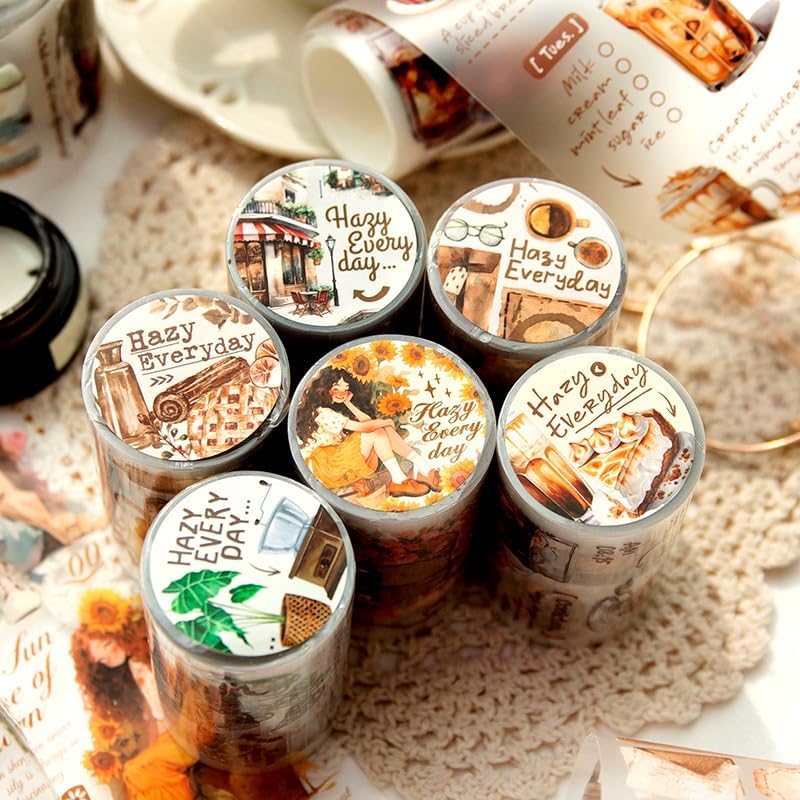 Alideco 6pcs Decorative Adhesive Tapes Coffee Gourmet Greenery Girl PET Tape Great for Bullet Journal Supplies, Arts, Scrapbook, DIY Crafts, Planners (menglongderichang)