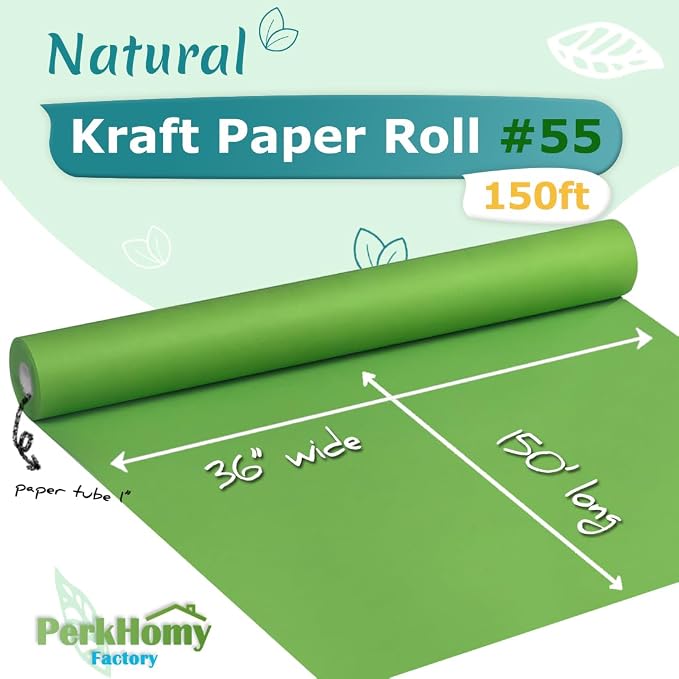 PerkHomy Medium Green Kraft Paper Roll 36" x 1,800" (150') for Gift Wrapping Bouquet Flower Art Painting Craft Writing Packaging Shipping 80GSM 55LB (Medium Green, 36" x 150')