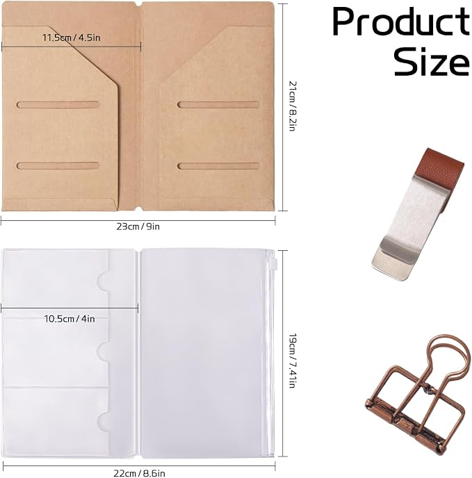 Roadtofree Passport Size Travelers Notebook Accessories Kit - All-in-One Set with Kraft Folder, PVC Zipper Case, Pen Holder, Binder Clip & 2 Elastic Bands for Travel Journal, Daily Use (Kraft, Standard Size 2 PC)