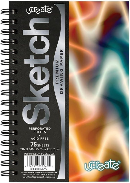 UCreate Fashion Poly Sketch Book, Neon Squiggles, 6" x 9", 1 Count | Supports classroom learning, crafts and creative activities