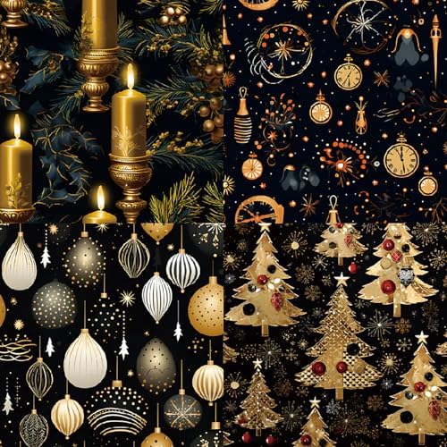 6x6 Scrapbook Paper Pad - Black Gold Christmas 160gsm Heavyweight Cardstock, 24 Pcs Vintage Santa & Reindeer Decorative Paper for Holiday Cards, Junk Journal & DIY Crafts