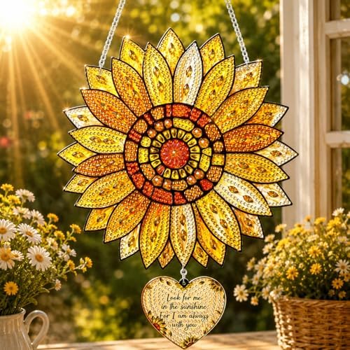 HMZephitiquc Sunflower Hanging Diamond Art Kits for Adults, Sunflower Diamond Painting Suncatchers, 5D Gem Art for Adults, Sun Catchers Indoor Window Crafts for Gift Home Decor