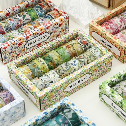 18 Rolls Blossom Washi Tape Set Floral Arts Adhesive Tapes Flowers Garden Decorative Masking Tape Sets for Craft, Kids, Scrapbook, DIY, Gift Wrapping (Golden Harvest)