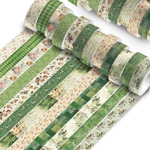 12 Pcs Green Floral Washi Tape Vintage Flower Pattern Masking Tape Decorations Green Floral Decorative Paper Sticker for Vintage Spring DIY Craft Gift Wrapping
