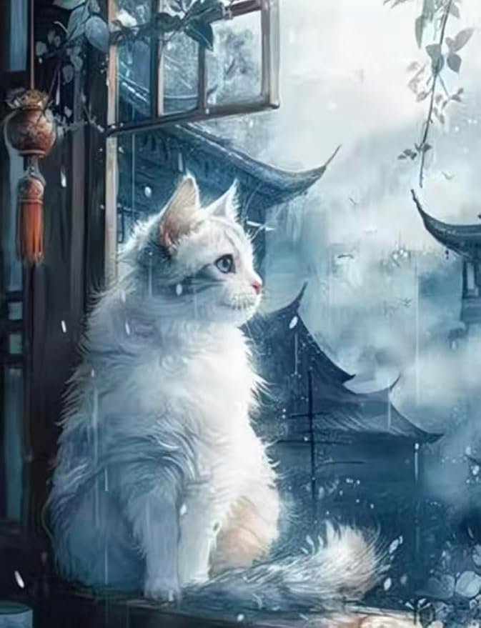 YUXUANKANG Diamond Painting Kit, White Cat by Window, 12x16 Inch, Resin Drills, DIY Craft Activity for Adults