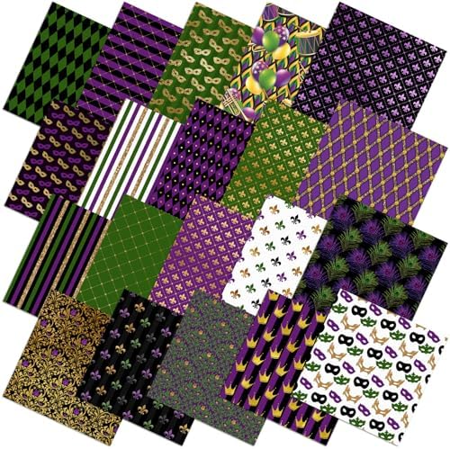 HunnmingRe 20 Pcs 10''x10'' Mardi Gras Quilting Fabric Square Bundle Lily Flowers Masquerade Precuts Quiltted Fabric Purple Green Gold Printed Patchwork Supplies for DIY Material Sewing Crafts
