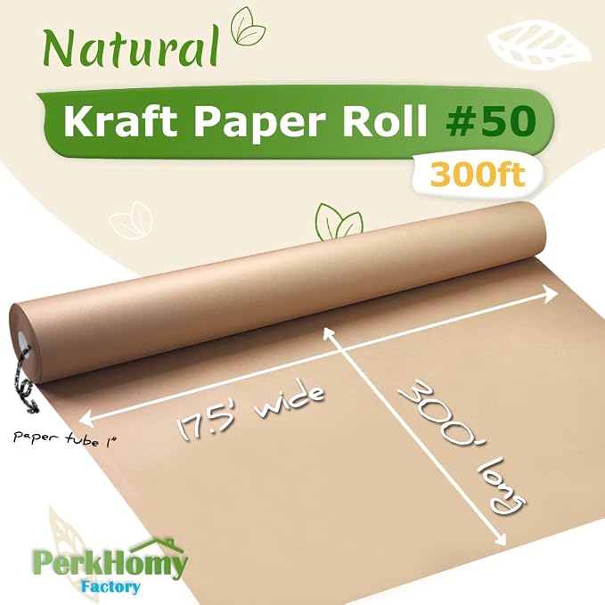 PerkHomy Brown Kraft Paper Roll 17.5" x 3,600" (300') for Gift Wrapping Bulletin Board Craft Art Bouquet Flower Packing Moving Shipping Floor Covering Table 70GSM 50LB (Brown, 17.5" x 300')