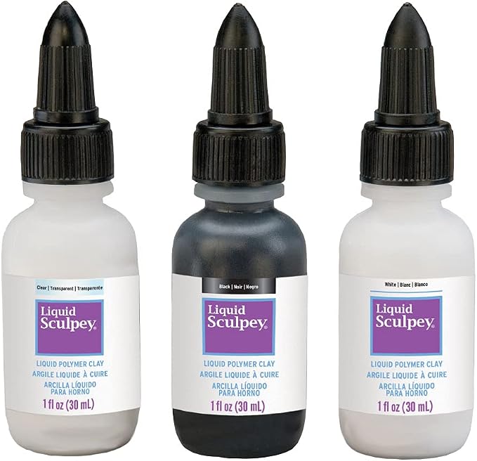 Polyform Liquid Sculpey Liquid Polymer Oven-Bake Clay, Classic Sampler Pack, Three 1 oz. bottles included, White, Black and Clear colors, Great for jewelry, holiday, DIY