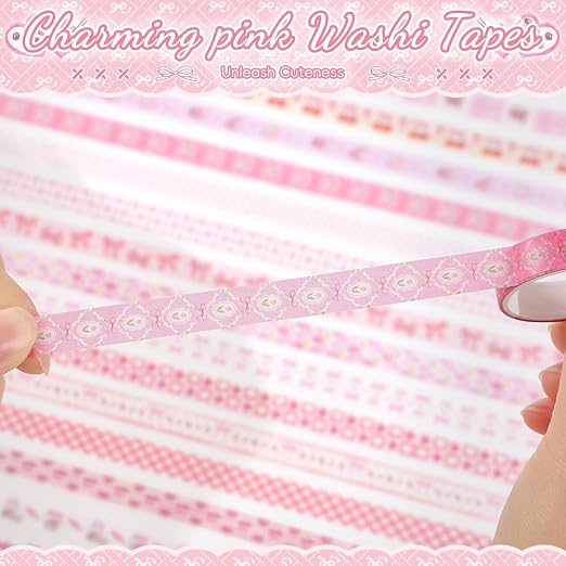icceemee 20 Rolls Sweet Pink Theme Washi Tape Set with Different Colorful Patterns, Writable Decorative Tapes for Scrapbooking, Junk Journal Supplies, Bullet Journaling, 0.39'' x 79'' per Roll