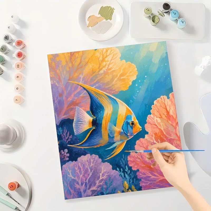 Ocean Animals Digital Painting Kit for Adults - DIY Tropical Angelfish Coral Reef Oil Painting on Canvas 16X20IN framed, Acrylic Paint Kit, Good for Beginners, Coastal Home Decor or Gift Artwork