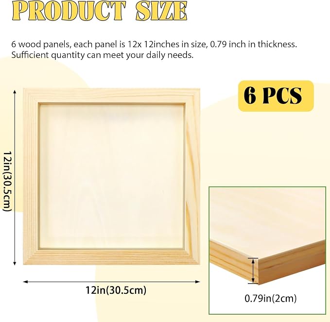 FSWCCK 6 Pack 12 x 12’’ Wooden Panel Boards, 0.79’’ Deep Unfinished Wood Canvas Panels for Crafts, Painting Canvas, DIY Art Projects, Pouring Arts