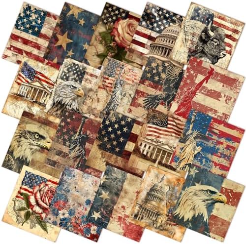 HunnmingRe 20 Pcs 10x10'' Vintage Patriotic Quilting Fabric Square Red White Blue Precut Fabric Bundle 4th of July USA Flag Star Patchwork Material for Memorial Day Sewing DIY Craft 250 Anniversary