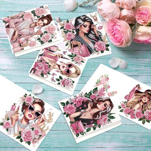 antor 6 Pack 5D Diamond Painting Greeting Cards, Elegant Woman with Floral Design DIY Diamond Art Cards with Envelopes, Handmade Rhinestone Birthday Wedding Thank You Cards for Adults