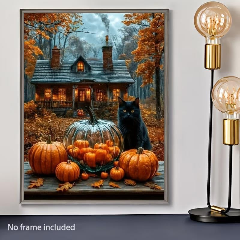 KYOQFVN Halloween Diamond Painting Kits for Adults, Black Cat Diamond Art Kits for Adults, DIY Full Drill Diamond Paintings Picture Arts Craft for Home Wall Art Decor 12×16 Inch