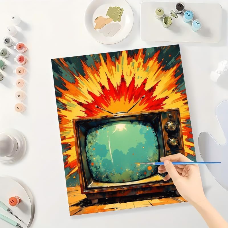 Retro TV Art Paint by Numbers Kit for Adults - DIY Explosion of Color TV Painting on Canvas 8x12In, Framed Acrylic Paint Set, Suitable for Beginners, Vintage Pop Culture Art for Home Decoration