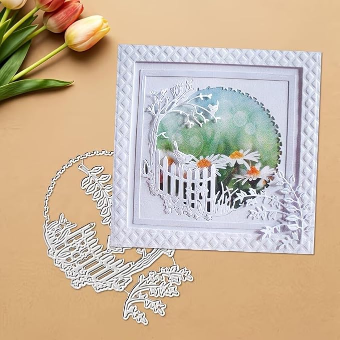 Scrapbooking Die-Cuts, Happy Birthday Ballon Metal Cutting Dies for Card Making, Paper Craft Punch Template, Background Embossing Stencils, DIY Album Décor(Garden with Fence-11.1x8.2cm)
