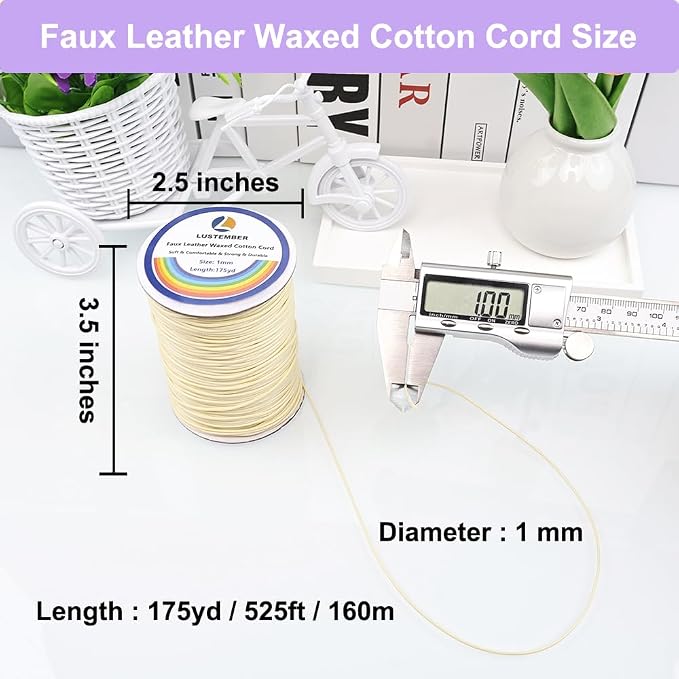 LUSTEMBER 1mm Faux Leather Waxed Cotton Cord, 175 Yards – Durable Necklace String, Soft and Textured Cord for Necklaces, Bracelets, and Jewelry Making