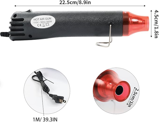 Heat Gun 300W, Handed Hot Air Gun for Crafting and DIY (Black) | 3.28FT Ultra-Long Cable Portable Heat Gun with Stand and Power Cord for Shrinking Wrapping PVC and Drying Paint