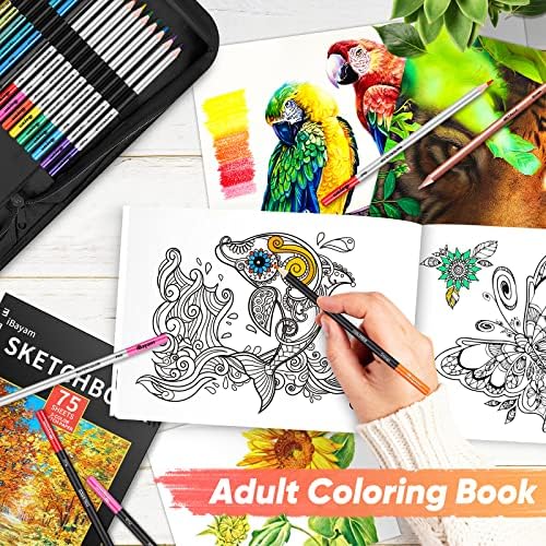 iBayam Art Sketching Drawing Supplies, 3-Color Sketchbook & Coloring Book | 78-pc Professionals art kit, graphite, charcoal, watercolor & metallic pencils, Non-toxic, zip case, Adults Kids Teen Girls