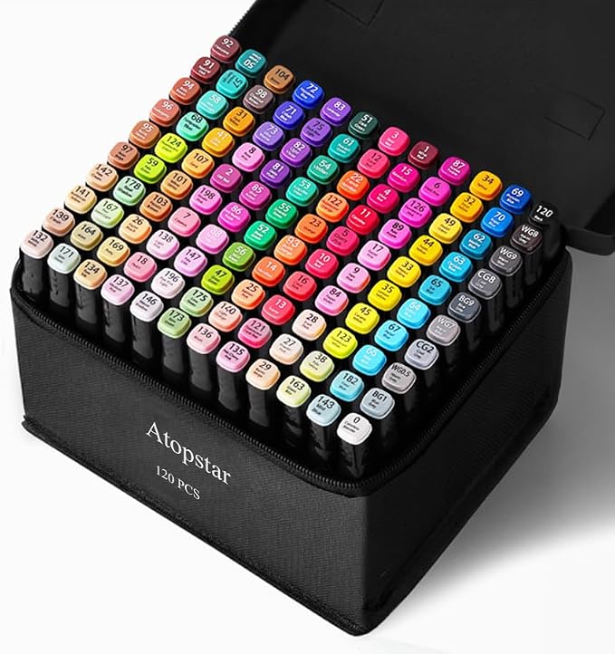 ATOPSTAR 120 Colors Alcohol Markers Artist Drawing Art Markers for Kids Dual Tip Markers for Adult Coloring Painting Supplies Perfect for Gift(120 Black Shell)