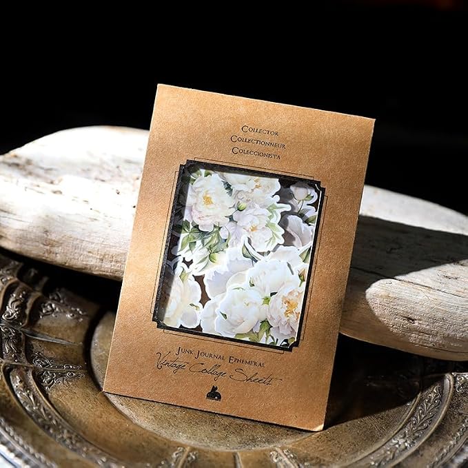 CATaireen Vintage Junk Journal Items Kit Pre Cut Paper Cards Cutout Cardstock Art Aesthetic Decor Hollow Out Craft Elements Small Embellishments Supplies for Adults Scrapbook Pack (Floral White)