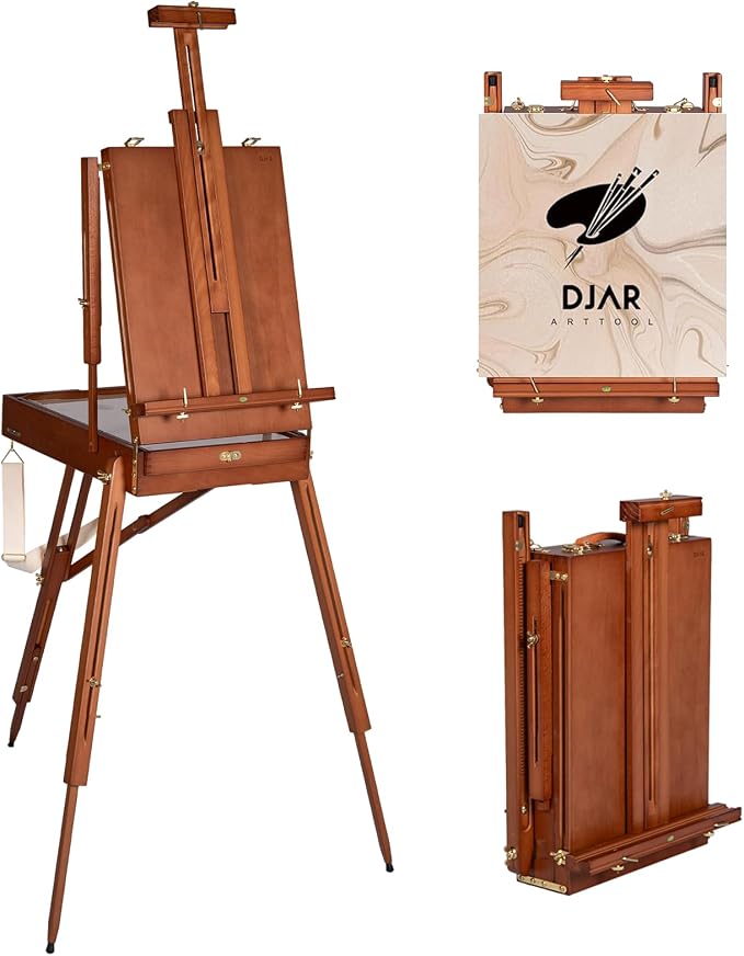 DJAR French Easel with Shoulder Strap, Adjustable Beech Wood Art Easel with Drawer, Palette, Level Instrument & Scale Leg, Studio Tabletop Floor Easel for Artists, Hold Canvas up to 34", Walnut