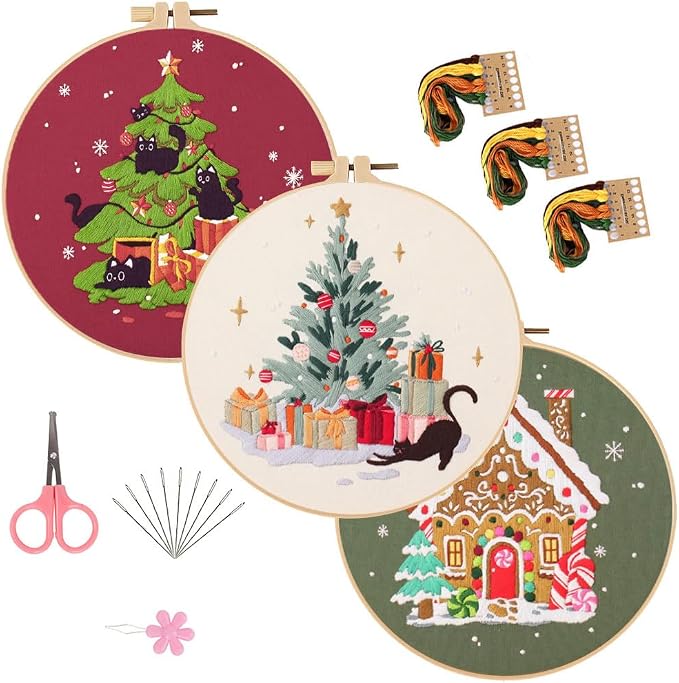 LB Christmas Embroidery Kit for Beginners Adults, 3 Sets Hand Embroidery Starter Kit with Black Cat Pattern and Instructions Stamped Cross Stitch Kits Include Embroidery Hoop Needles Threads Scissors
