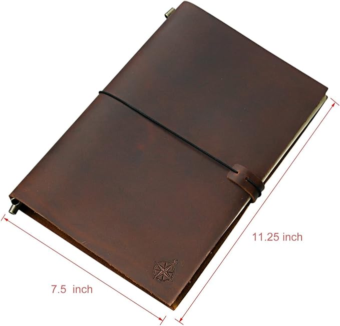 WANDERINGS Large Travelers Notebook - 7.5" x 11" (19 x 28cm) - Grande Travel Journal, Handcrafted, Rugged, Refillable Leather Journal. Perfect for Writing, Artwork, Scrapbooking