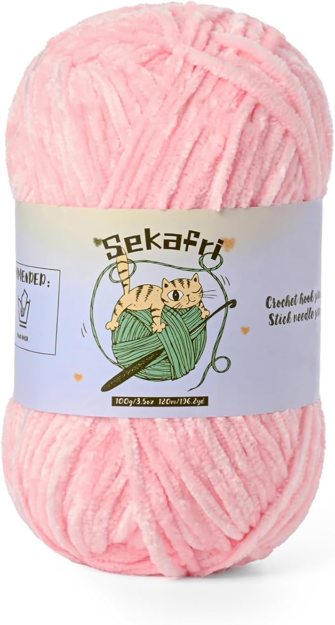 Fuzzy Chenille Yarn for Crocheting, Fluffy Amigurumi Crochet Yarn for DIY Craft/Hat/Shoes, (100g/197yds) Soft Velvet Baby Blanket Yarns（Light Pink）
