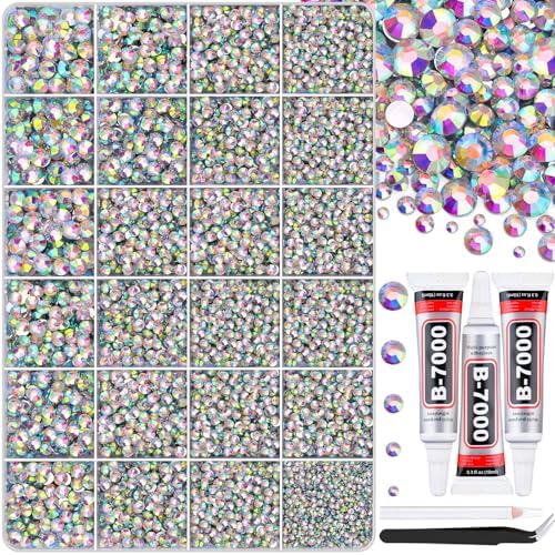 30000Pcs AB Rhinestones for Bedazzling with B7000 Jewelry Glue, Bedazzler Kit Bulk Flatback Gems, Resin Rhinestones for Crafting Crafts Clothing Shoes Fabric Nail Art Assorted Size 2/3/4/5/6mm