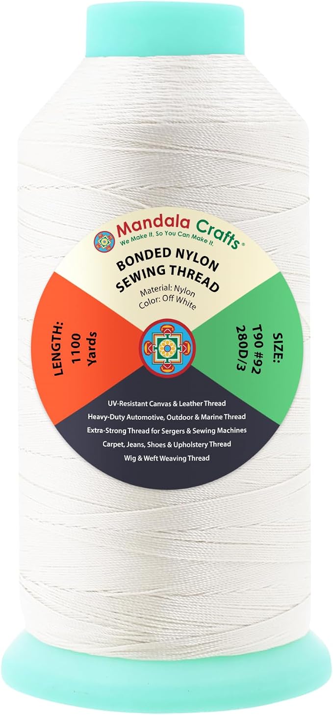 Mandala Crafts Size 92 280D T90 Off White Bonded Nylon Thread, 1100 YDs