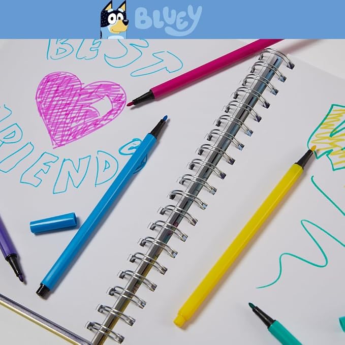 Innovative Designs Bluey Sketchbook for Kids with Washable Markers, 86 Blank Pages Spiral Bound, Blue