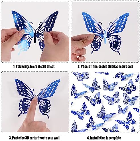 SAOROPEB Butterfly Wall Stickers, 48 Pcs 4 Styles 3 Sizes, Metallic Paper, Removable, Navy Blue, Art Deco Decor for Wall | 4 Styles 3 Sizes, Butterfly Birthday Decorations Butterfly Party Decorations Cake Decorations, Removable Stickers