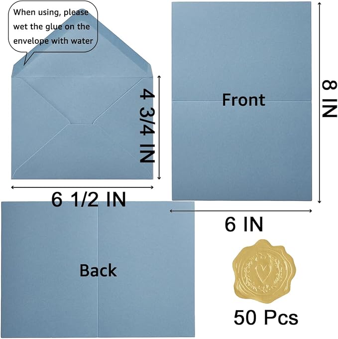 50 Pack Dusty Blue A6 Envelopes with Cards and Gold Stickers, 4x6