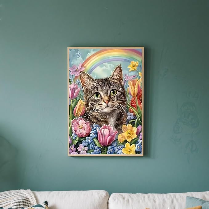 Cat Diamond Art Kits for Adults, 5D DIY Diamond Painting Kits 12x16 inch | Dorwendis Flower 5D DIY Diamond Painting Kits for Beginners, Full Round Diamond Art Kits Craft for Home Wall Decor 12x16 inch