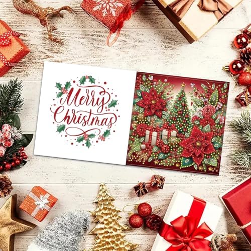 6Pcs Christmas Greeting Card DIY Diamond Art Painting Greeting Cards Blessing Folding Card Kit with White Envelopes Diamond Arts Crafts for Birthday Festival Gift-Poinsettia