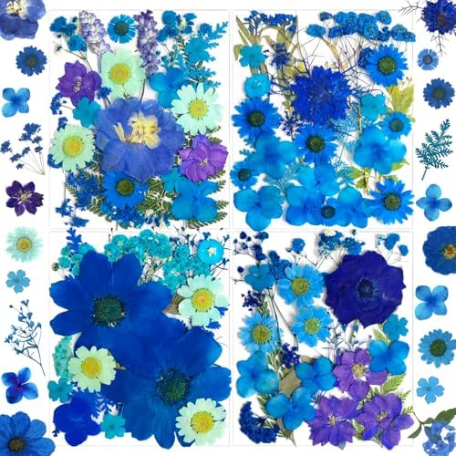 MIKIYA 94Pcs Blue Dried Pressed Flowers for Resin Molds, Assorted Real Natural Bulk Dry Floral Leaves for DIY Art Crafts, Epoxy Jewelry, Candle, Soap Making, Nails Decors Gifts