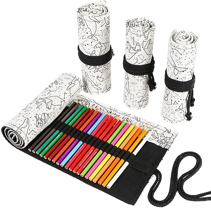 DIYOMR 24/36/72 Slots Pencil Wrap Pencil Rolls, Artist Colored Pencils Roll Up Bag Short Brushes Pouch Case Pencils Organizer for Drawing Coloring and Sketching,No Pencils (White Starry Sky, 24slots)