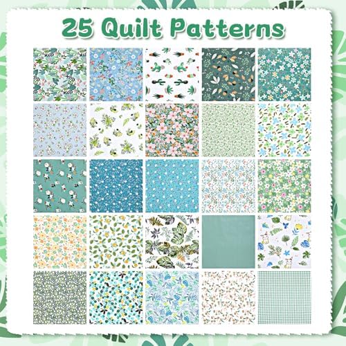 70 Pcs 10 x 10 Inch Green Floral Cotton Fabric Squares, Green Cotton Fabric Bundles Charm Packs, Precut Printed Patchwork Materials, Vintage Greenery Fat for Sewing Quilts and DIY Craft
