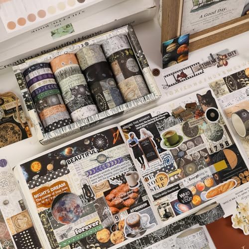 Vintage Washi Tape Set - 24 Rolls Arts Adhesive Tapes Assorted Retro Decorative Masking Tape Sets for Craft, Kids, Scrapbook, DIY, Gift Wrapping (11-Celestial Dreams)